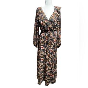 Vestique Black Floral‎ Long Sleeve Dress Maxi Long Black